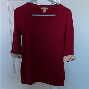 Burberry Brit Red Long Sleeve Top with Plaid Accents
